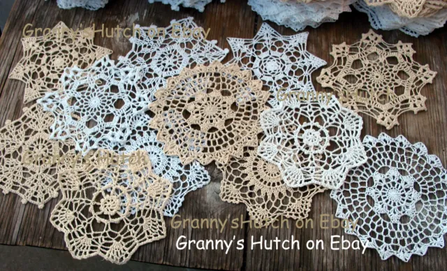 lot of 12 Hand Crochet Doilies 7" White & Natural Vintage Wedding Tea Party NEW