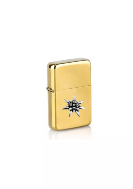 C21 Small Edelweiss Pewter Pendant On a petrol wind proof gold Lighter