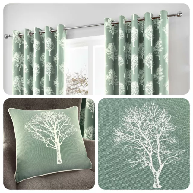 Fusion WOODLAND TREES Duck Egg Blue 100% Cotton Eyelet Ring Curtains / Cushions