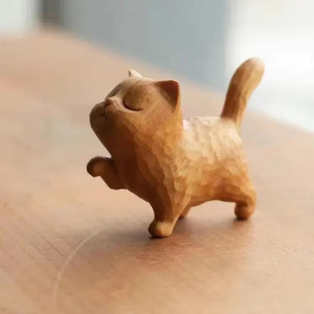 Cat Statues Home Decor Wooden Sculpture Hand Carved Craft Cute Cat Statue
