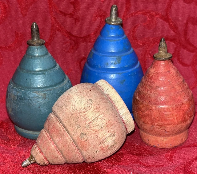 Vintage Lot 4 Duncan ?? Wood Spinning Top Toy Red Blue Green Metal Tip