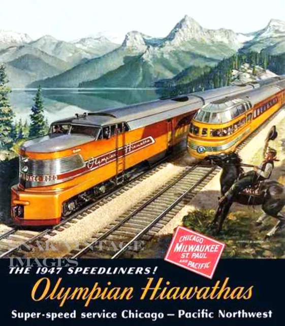 Milwaukee Road Olympian Hiawatha Poster Erie Built CMSP Train Railroad 1947 Ad