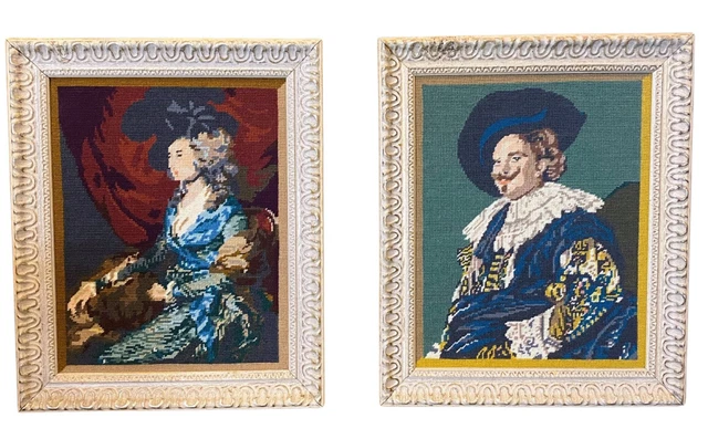 Large Needlepoint Tapestry Framed Victorian Style Matching Set Man & Woman 21x17