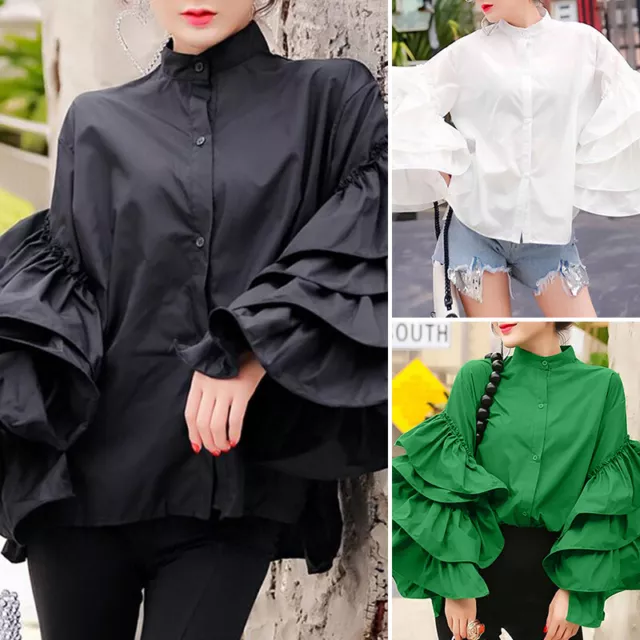 Women's Casual Gothic Top Long Sleeve Steampunk Victorian Blouse Ruffle Shirt UK