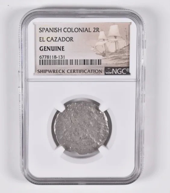 (1773-77) El Cazador Shipwreck 2 Reales NGC Genuine Mo FM Silver Coin *0430