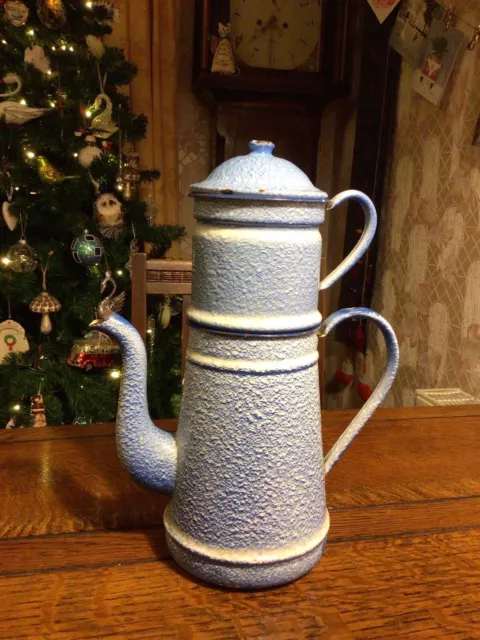 Vintage Large Metal Enamel Tea Coffee Pot Porcelain Blue Unusual French