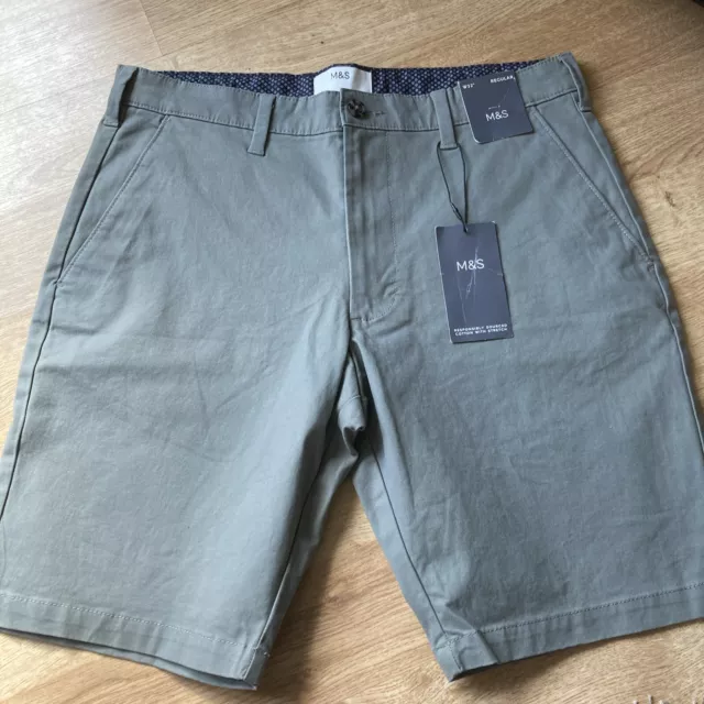 BNWT M&S Mens Cotton Stretch Chino Regular Fit Shorts . KHAKI 32 Waist