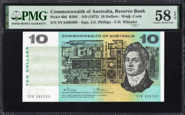 Australia 10 TEN Dollars P40d R304 1972 Phillips Wheeler PMG58 aUNC EPQ Banknote