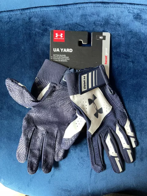 Under Armour UA Yard Batting Gloves Baseball Leather Palm Heatgear Navy 1299538