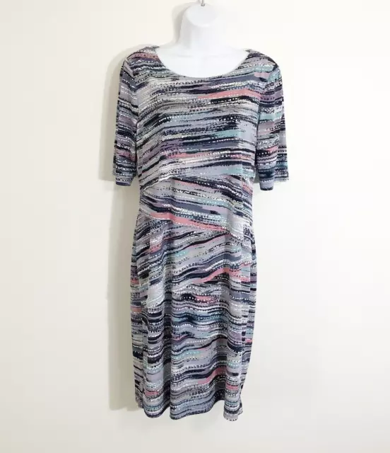 Connected Gray Blue Pink Knit Sheath Dress Size 8 Pullover Stretch Short Sleeves