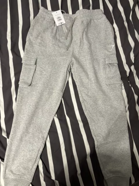 MENS GYMSHARK CREST Cargo Joggers Light Grey Marl M 3.20