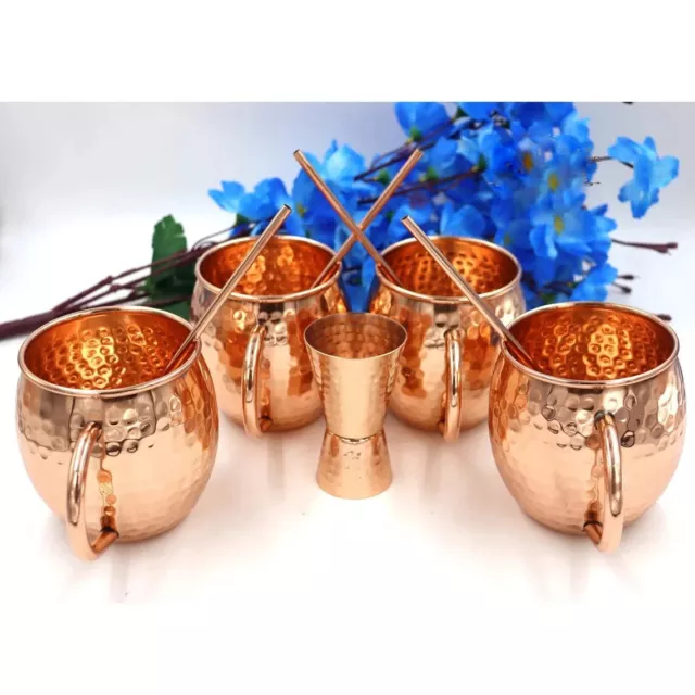 Conjunto De 4 Forjado Moscú Mula Tazas Con 4 Cobre Pajitas Y 1 Medida Regalo