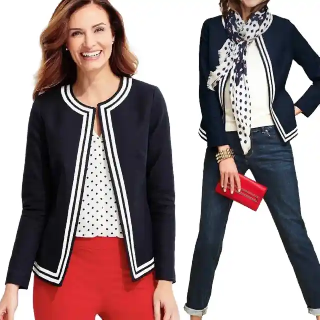 NWT TALBOTS Woman White & Blue Stripe Linen/Cotton Lined Blazer