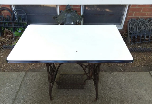 Vintage PORCELAIN ENAMEL ENAMELWARE TABLE CABINET TOP 40x25" WHITE-Black Antiq.