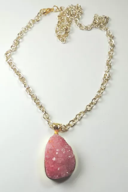 Artisan Pink Druzy on Chain Necklace Wedding Mother of Bride Handmade