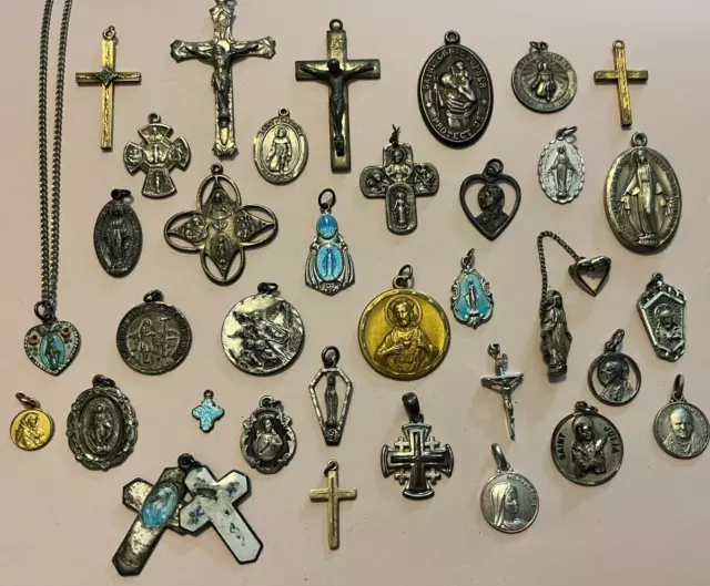 Lot Of 35 Rare Vintage Sterling Silver Catholic Religious Holy Medals Pendants