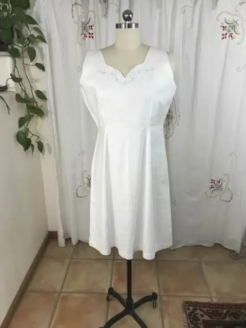 Vtg French White Cotton Slip Summer Day Dress Nightgown Blue Embroidery sz M/L