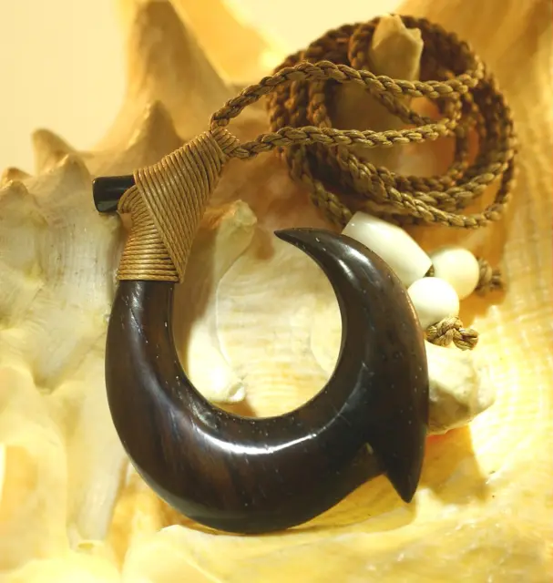 43mm Genuine Blackwood Water Buffalo Bone Hawaiian Makau Fish Hook Necklace 28"