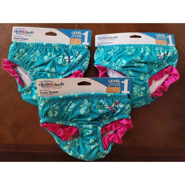 SwimSchool Reusable Swim Diaper LOT of 3 - Teal/Pink Size 6 Months 13-18 LBS NEW
