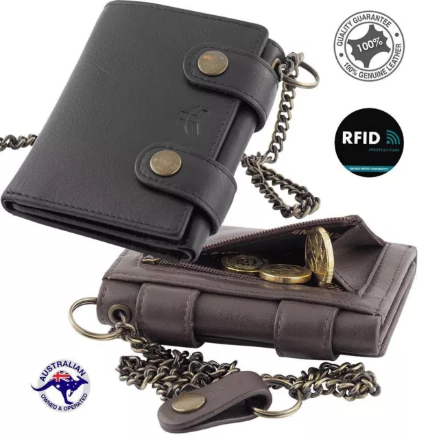 New Genuine Cowhide Leather Biker’s RFID Protection 3 Fold Chain Wallet Black 6