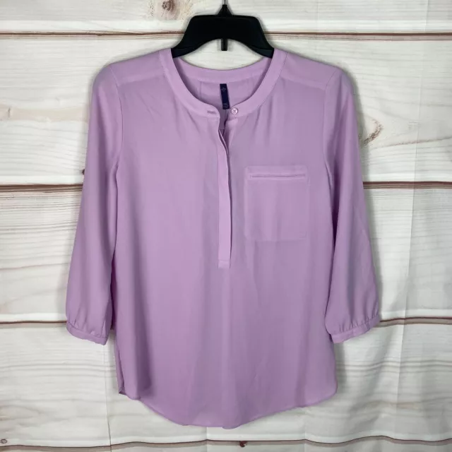 NYDJ Top Womens PXS Petite 1/2 Button 3/4 Sleeve Pleat Back Blouse Purple Solid