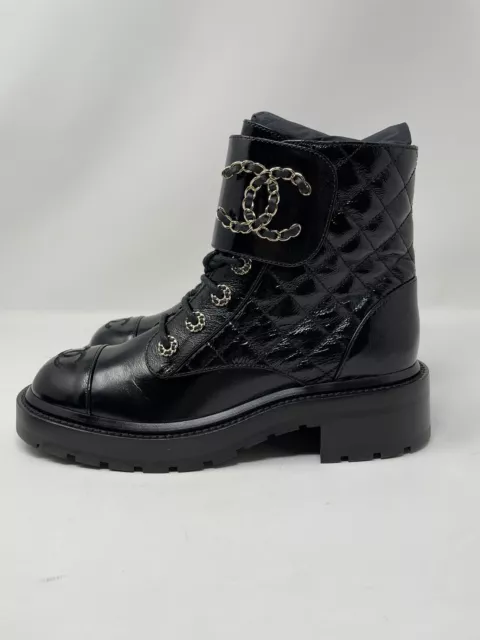Chanel Brave Leather Quilted Combat Boots Patent Black, New in Box US 10 |  EU 40
