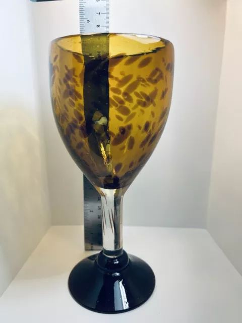 Hand Blown Art Glass Wine Goblets Amber Brown Leopard Print Color