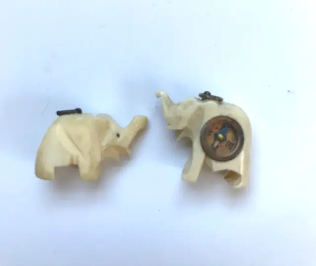 Vintage Pair Celluloid Tiny Elephant Charms One Is A Compass  1/2 Inch