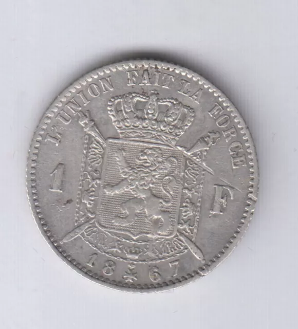 BELGIUM BELGIE BELGIQUE 1 Franc 1867 silver KM28.1, better grade (bel469)