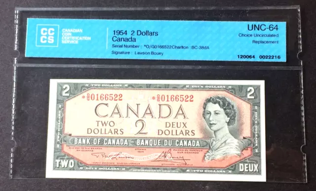 1954 Canada $2 Dollars Rcm *Replacement Banknote Graded Cccs Unc-64