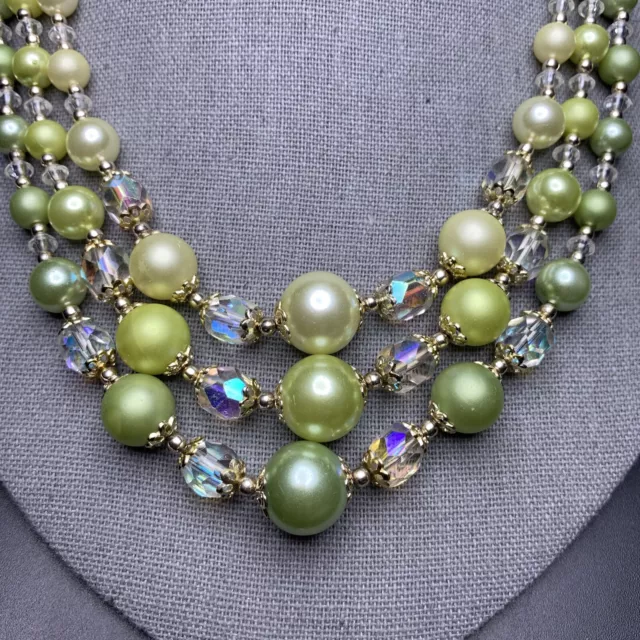 Light Green Multi Strand Faux Pearl Necklace Yellow Aurora Borealis AB Vintage 3