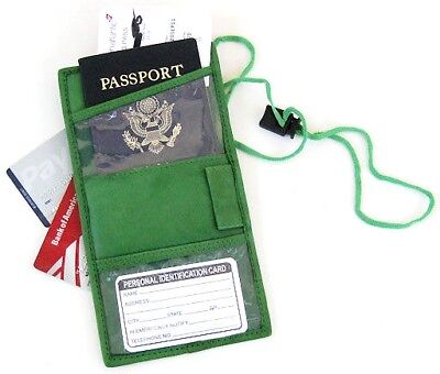Green Genuine Leather Passport ID Boarding Pass Holder Travel Neck Strap Wallet