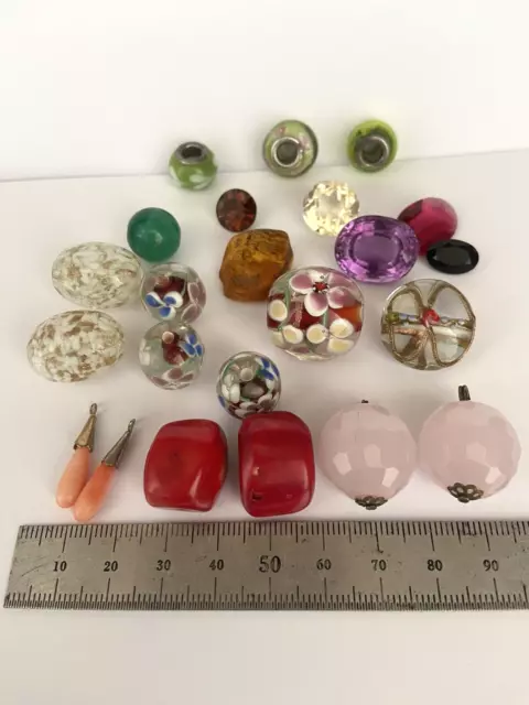 Assorted Unset Stones And Beads - Coral - Pink Quartz - Venetian Glass And Other