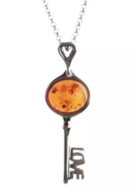 18" Sterling Silver 925 Amber Brown Gemstone Love Key Pendant Necklace NWT