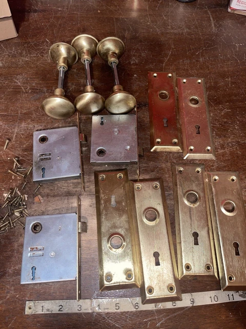 Vintage Old Door Latch Lock Sets Knobs Lock Backplates Metal Locks Lot NO KEY