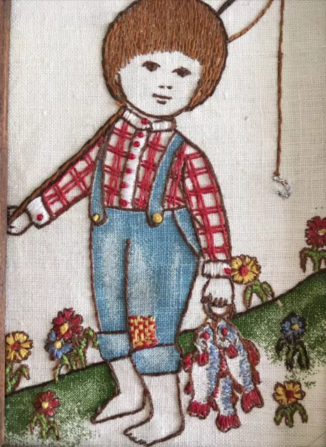 DE COLECCIÓN Needlepoint Boy Pesca Enmarcado 1984 6x8