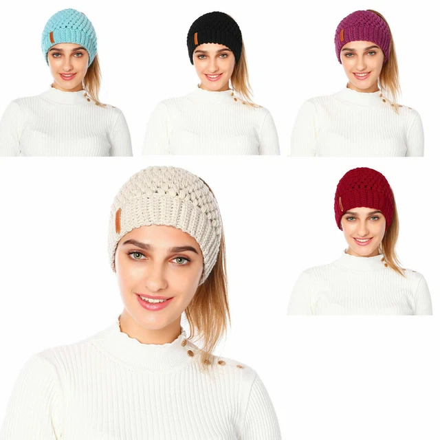 WOMEN PONYTAIL MESSY Bun Beanie Pony Tail Winter Warm Soft Stretch Knit ...