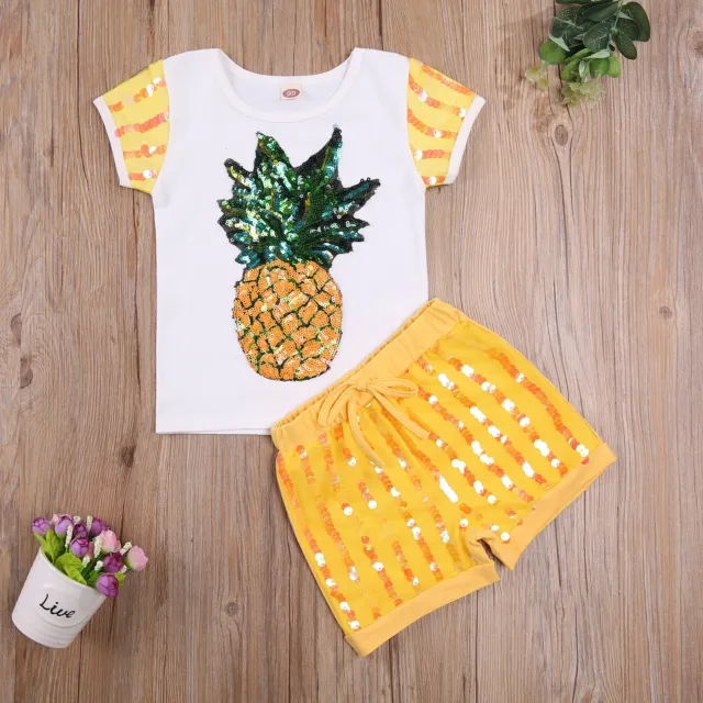 NEW Sequin Pineapple Short Sleeve Shirt & Shorts Girls Outfit Set 2T 3T 4T 5T 6