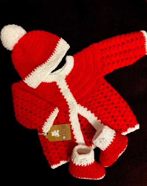 Handmade Knitted crochet xmas Baby girl boy Cardigan jumper hat bootie Gift lot