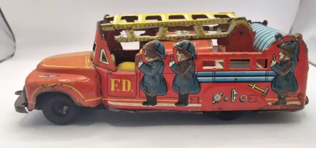 Vintage Retro Marusan tin fire truck ladder model friction toy  Japan