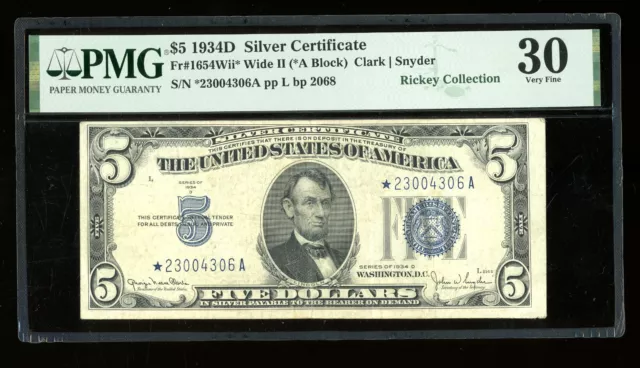 DBR 1934-D $5 Silver STAR Scarce Fr. 1654Wii* Wide II PMG 30 Serial *23004306A