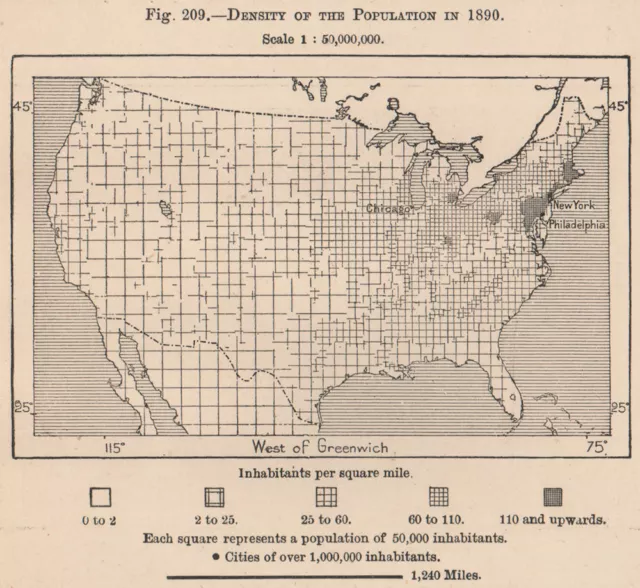 Density of the population in 1890. USA. United States 1885 old antique map