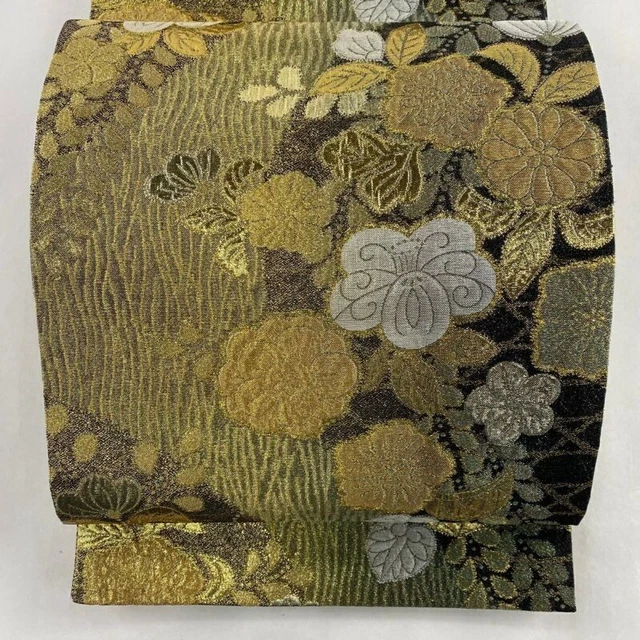 Japanese Kimono Obi Pure Silk Grass Flowers Foil Gold Black Rokutsu Formal