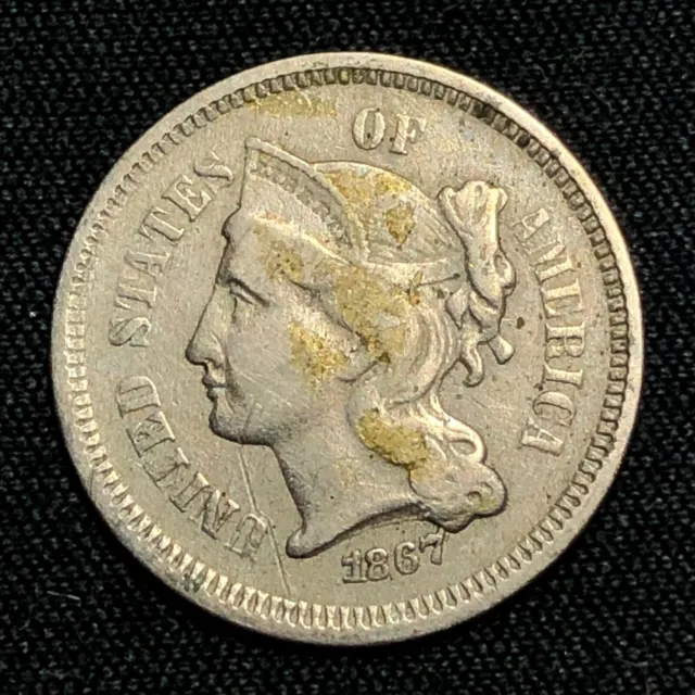 1867 Three Cent Nickel Philadelphia Mint Very Fine Condition