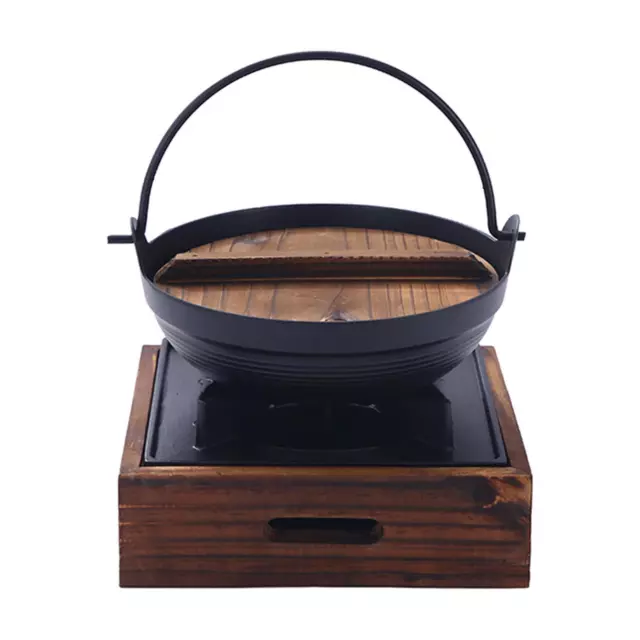 Cast Iron Hanging Pan Stock Pot W/Wood Lid Japanese Sukiyaki Stew Pot Camp Pot
