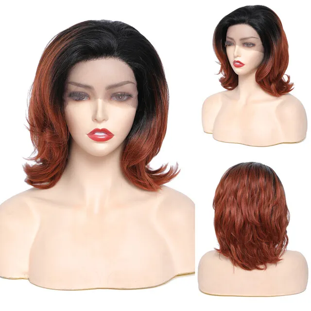 Feathered Wavy Short Bob Cosplay Wig Women Ombre Red Brown Synthetic Lace Wig