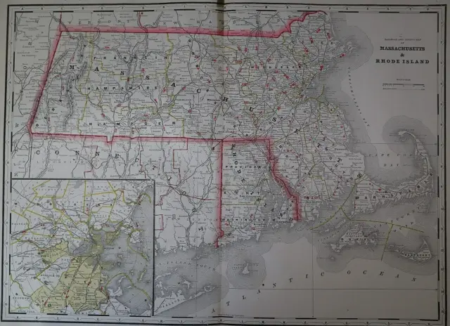 Old (Large 17"x23") 1889 Cram's Atlas Railroad Map ~ MASSACHUSETTS RHODE ISLAND