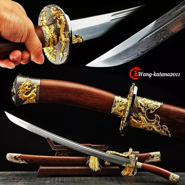 95CM Gold Dragon&Phoenix Chinese Damascus Folded Steel Qing Dynasty DAO Sword 清刀