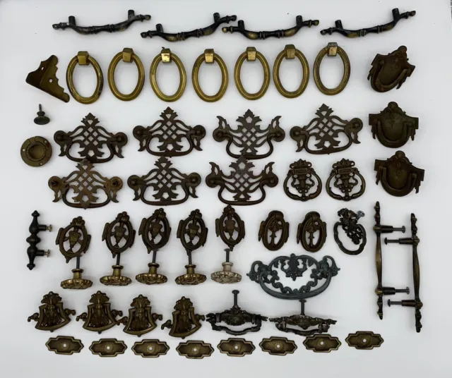 Vintage Lot of over 50 Assorted Brass Drawer Handles Pulls Knobs Plates Misc