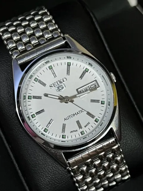 orologio giapponese Seiko '5' vintage automatico da 36 mm quadrante bianco...